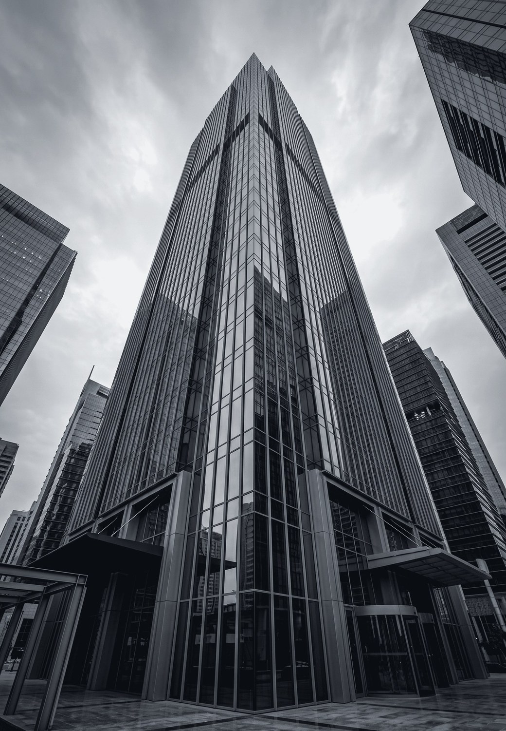 View upward along a modern commercial tower